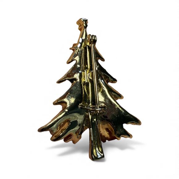 Vintage Christmas Tree Pin Brooch Goldtone with Rhinestones - Picture 3 of 6